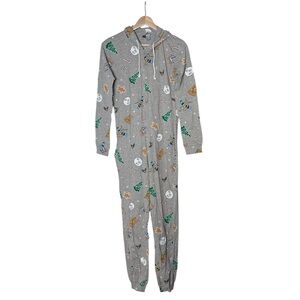 H&M Hooded Front Zip Christmas Jumpsuit PJ Pajama Size 2 Gray Gingerbread Pocket